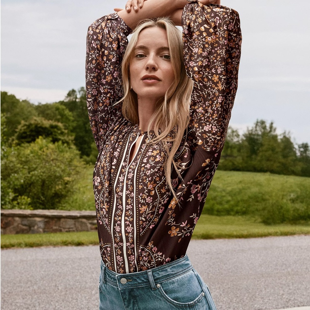 LOFT Floral Split Neck Blouse | Iced Espresso | Size Medium